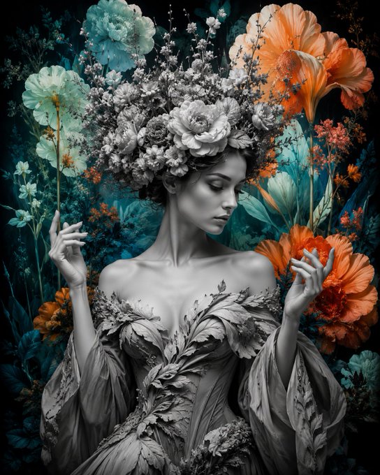 A surreal digital artwork of a grayscale portrait of a woman with an elaborate floral headdress, surrounded by vibrant orange and teal flowers against a dark background.