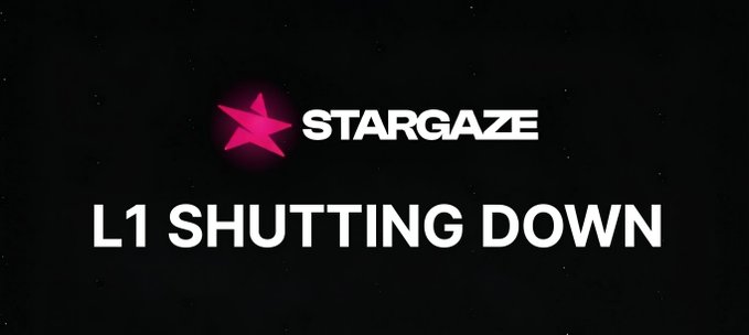 The image features a black background with a pink star at the center, accompanied by white text that reads "Stargaze L1 is shutting down completely on June 15th. If you have assets there, you only have 5 days left to act. You need to withdraw $ATOM and $OSMO immediately using the Cross-Chain Send feature in your Keplr wallet." The image also includes a small star logo at the top right corner.