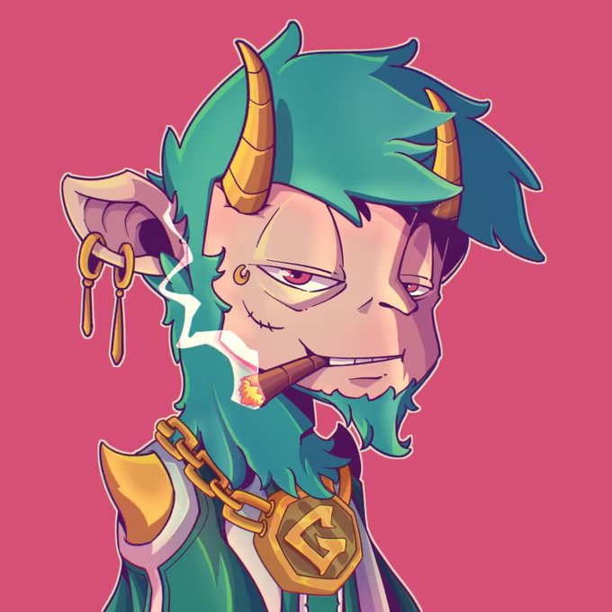 A digital illustration of an anime-style demon or devil character with green hair and beard, horns, pointed ears with earrings, a cigar in his mouth, and a gold chain with an 'S' medallion.