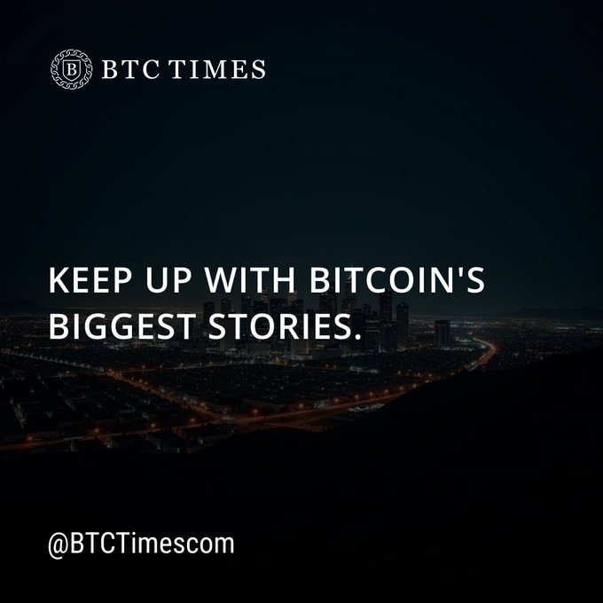 A nighttime cityscape serves as the background for text reading 'BTC TIMES', 'KEEP UP WITH BITCOIN'S BIGGEST STORIES.', and '@BTCTimescom'.