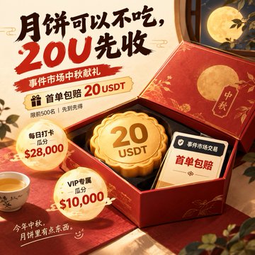 A Chinese promotional advertisement for a Mid-Autumn Festival (月饼) offering, stating '月饼可以不吃, ZOU先收' with rewards of 20 USDT, 28,000 points, and 10,000 VIP points in a red gift box design.