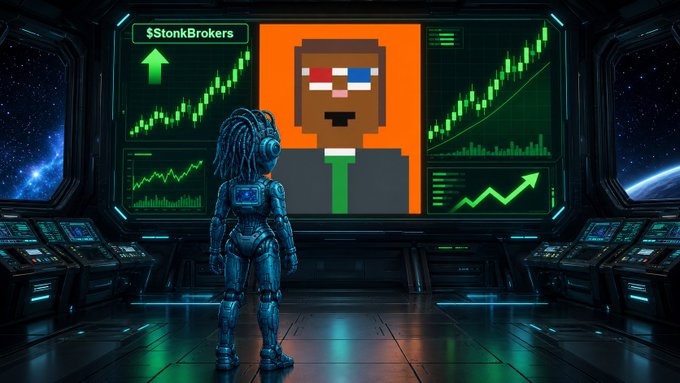 An astronaut with dreadlocks stands before a large monitor displaying $StonkBrokers charts with rising green candlesticks and a pixelated character wearing 3D glasses.