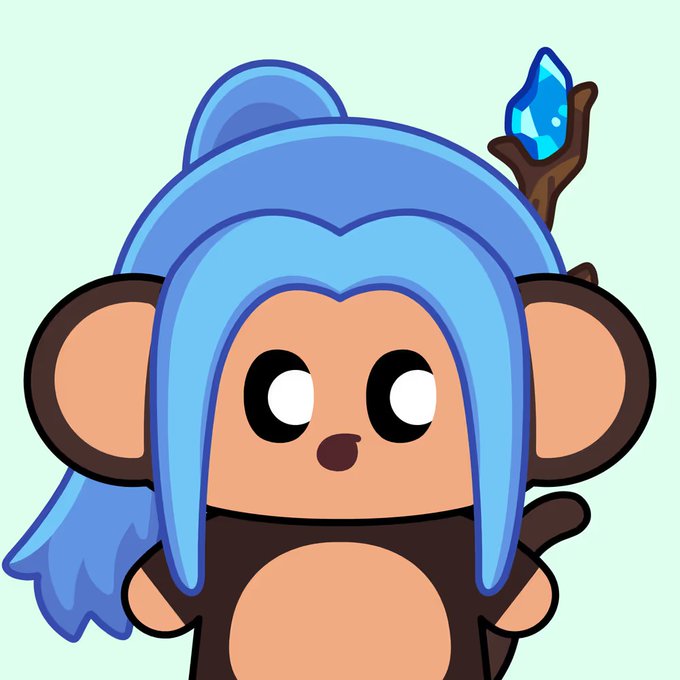 A cartoon illustration of a cute monkey character with bright blue hair, large ears, and a glowing blue crystal perched on a wooden branch behind it, set against a light mint background—resembling the "Hieko" NFT from the Chimperables collection referenced in the sale announcement.
