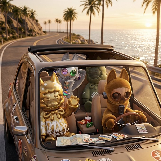 Four quirky NFT characters—a golden cat-like figure, a gray robot, a green creature, and a brown driver wearing goggles—cruise along a scenic coastal highway at sunset inside a sticker-covered car filled with travel maps and snacks, perfectly capturing the "road trip" vibe for the upcoming Eyzen Biterz public mint launching August 31 on the Robinhood chain.