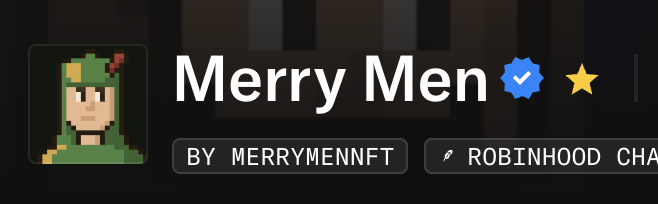 A screenshot showing a profile header for 'Merry Men' with a green-hooded pixel art avatar, by 'MERRYMENNFT' and 'ROBINHOOD CHA...'.