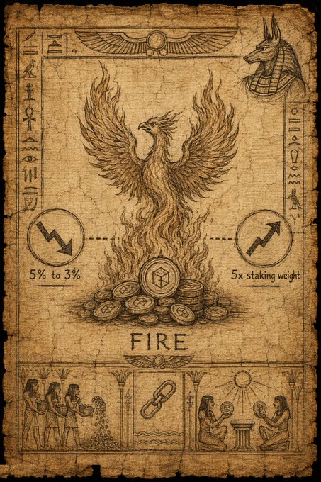 An ornate, Egyptian-themed digital artwork resembling aged papyrus, featuring a central phoenix rising from flames, coins, and a 'FIRE' label, flanked by symbols for '5% to 3%' and '5x staking weight', with Anubis depicted in the top right.