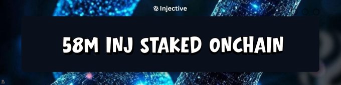 A dark graphic with a blue background displays the text '58M INJ STAKED ONCHAIN' with the 'Injective' logo visible at the top.