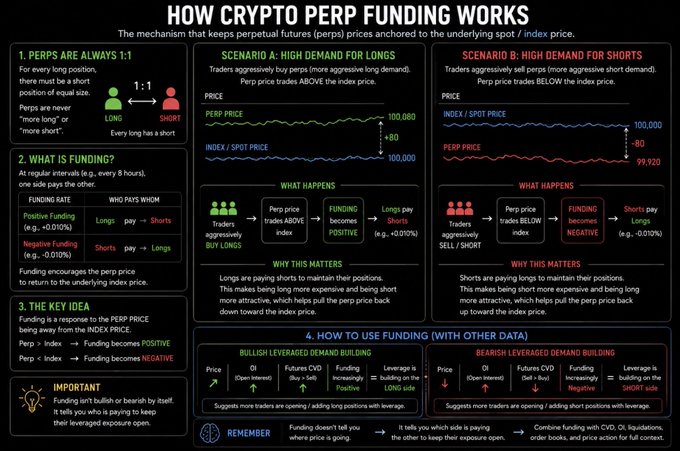 An infographic titled 'HOW CRYPTO PERP FUNDING WORKS' explaining perpetual futures funding mechanisms with scenarios for longs and shorts, including bull and bear leveraged demand building.