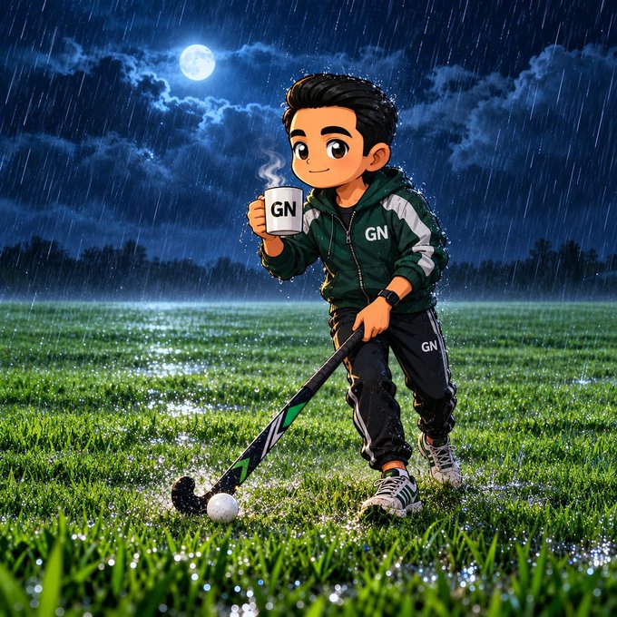 A cartoon-style illustration of a young boy in a green tracksuit holding a 'GN' mug and a field hockey stick on a grassy field in the rain at night, with a full moon overhead.