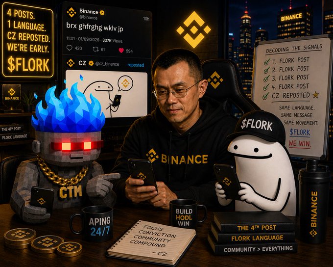 A man wearing a Binance hoodie sits at a desk surrounded by crypto-themed imagery, including a "4 POSTS, 1 LANGUAGE. CZ REPOSTED. WE'RE EARLY. $FLORK" sign, a pixelated character labeled "CTM," and a whiteboard titled "DECODING THE SIGNALS" listing FLORK posts and a CZ repost—visually reinforcing the post's argument that CTM was an early believer in $FLORK just as they were with $BASECAT, with CZ's repost serving as the key bullish signal.