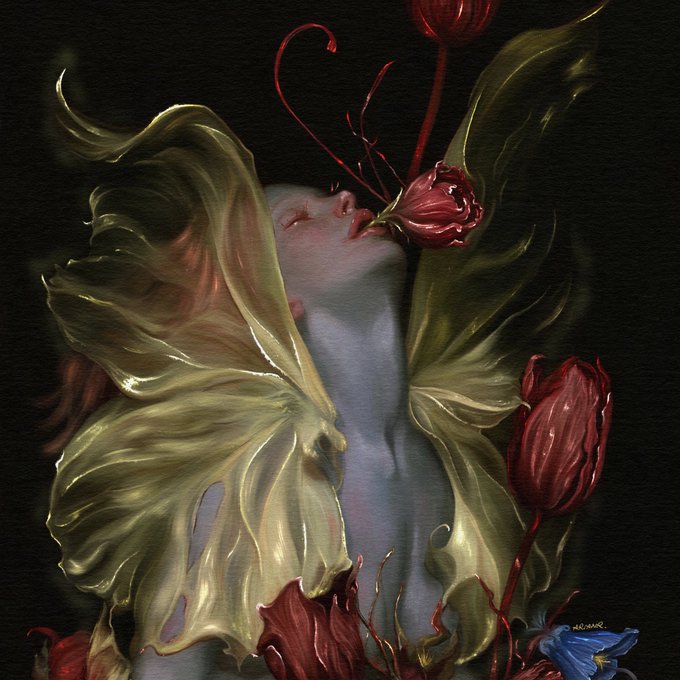 A surrealist painting depicts a figure with flowing yellow hair intertwined with red tulips against a dark background.