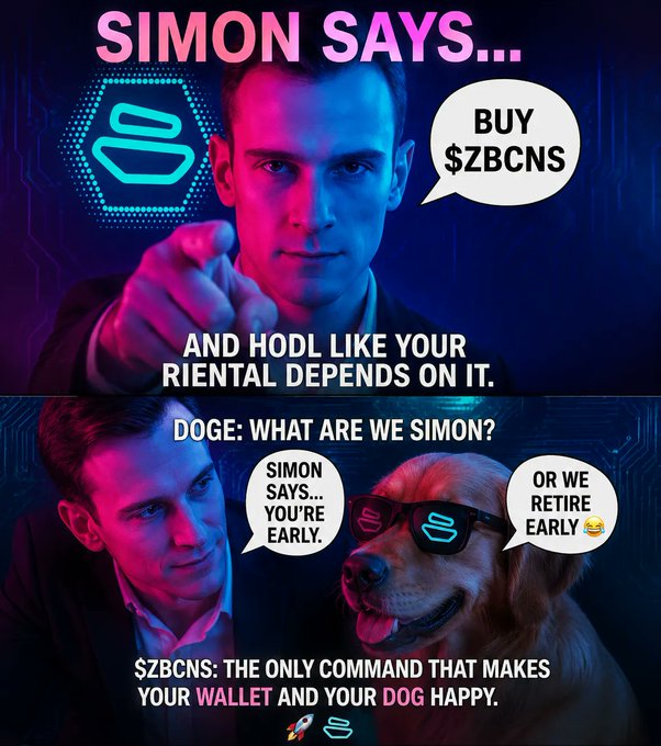 A meme-style promotional graphic for the $ZBCNS cryptocurrency featuring Eric André pointing at the viewer with text 'SIMON SAYS... BUY $ZBCNS AND HODL LIKE YOUR RIENTAL DEPENDS ON IT' alongside a golden retriever wearing sunglasses.