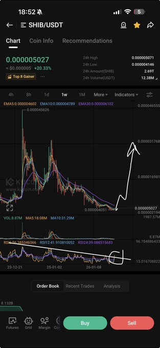 A trading app chart for SHIB/USDT shows the price at 0.000005027 (+20.33%) with an upward arrow annotation predicting further gains.