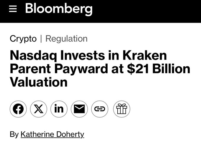 Bloomberg news headline: 'Nasdaq Invests in Kraken Parent Payward at $21 Billion Valuation' by Katherine Doherty under Crypto | Regulation.