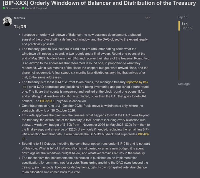 A Snapshot forum post titled '[BIP-XXX] Orderly Winddown of Balancer and Distribution of the Treasury' by user Marcus, with a TL;DR explaining a proposed two-round distribution of treasury funds to BAL holders starting May 2027.