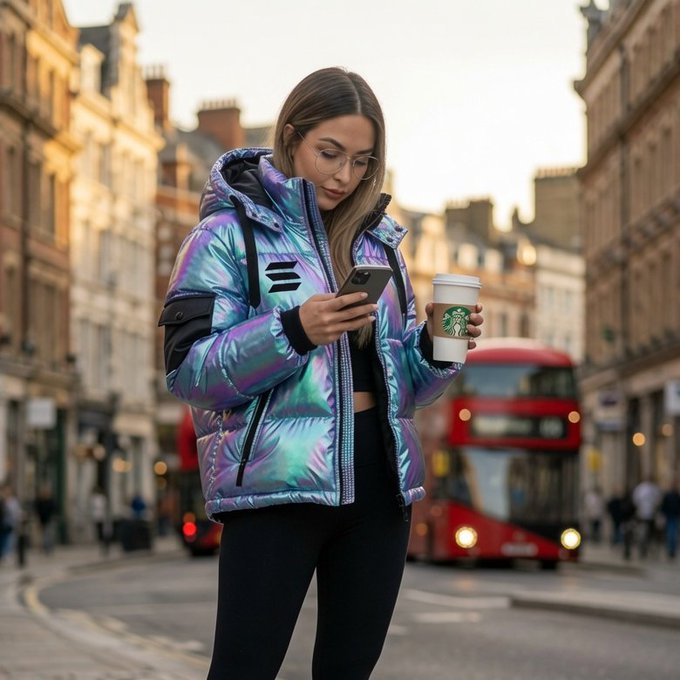 A young woman wearing a holographic iridescent puffer jacket and glasses stands on a city street while holding a Starbucks coffee and looking at her phone, with a red double-decker bus in the background.
