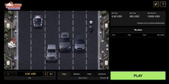 A vertical screenshot of the "Cross Fire Chicken" casino game on 1winPro, showing a chicken crossing a busy multi-lane road with cars speeding from various directions. The game's dark UI displays betting options, multipliers, and a prominent green cash-out button at the bottom, matching the post's description of the deceptively simple yet stressful crossing gameplay.