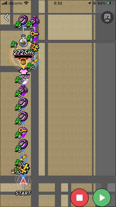 A mobile game screenshot showing a vertical path of colored orbs and items, with the player at the top having traveled 2725m and a 'START' position at the bottom, set against a tan grid background.