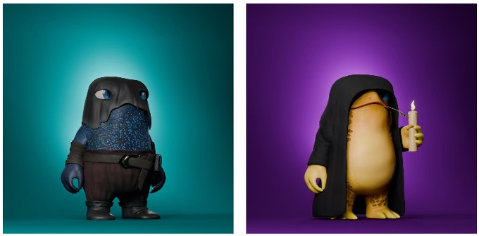 Two stylized 3D figures in dark hooded robes—one with a sparkly blue textured face and belt on a teal background, the other a yellow creature holding a melted candle on a purple background.