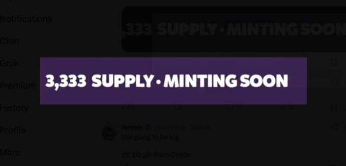A purple banner overlay reading '3,333 SUPPLY • MINTING SOON' placed over a blurred social media interface with a user named 'Jereziz' posting 'this going to be big'.