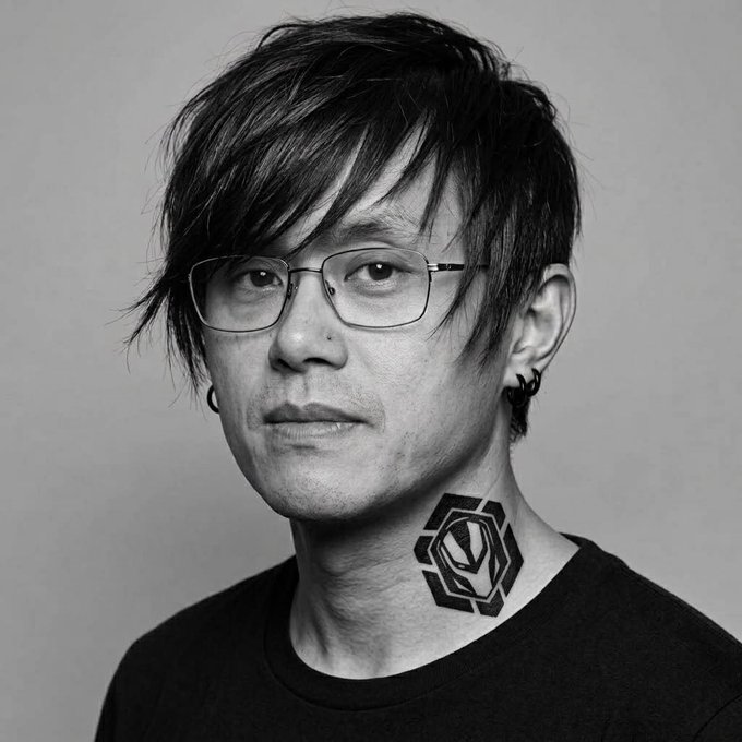 Black and white portrait of a person with short hair, glasses, ear gauges, and a geometric tattoo on their neck.