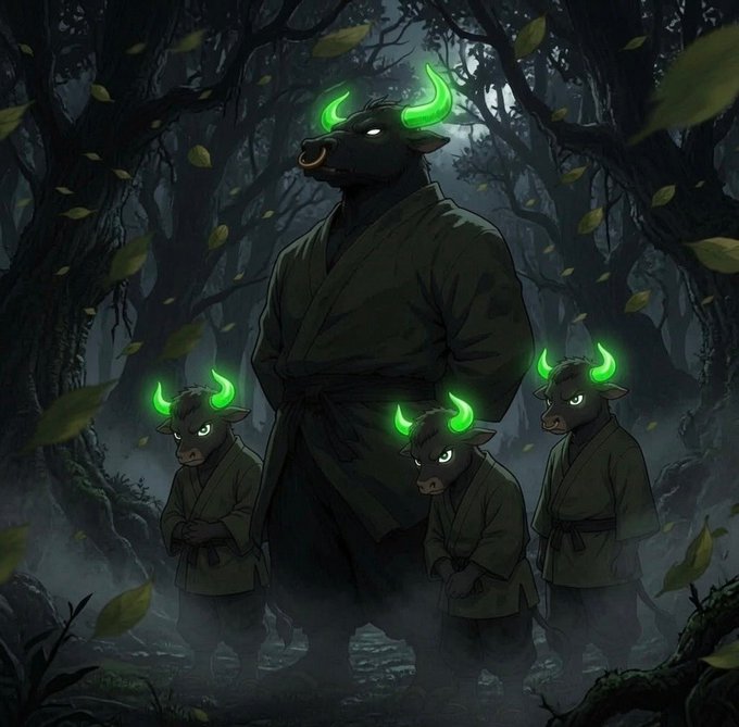 A towering bovine figure with glowing green horns stands in a dark forest, surrounded by three smaller minions also bearing green horns, evoking a "commander leading followers" theme that mirrors the post's rallying call to stack $ANSEM without any airdrop.