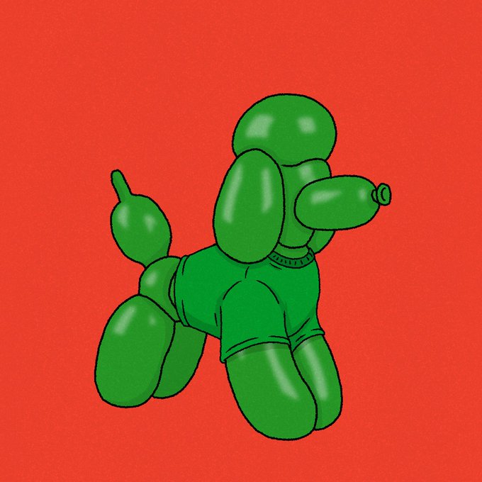 A digital illustration of a green balloon dog sculpture resembling the famous Jeff Koons artwork, set against a solid red background.