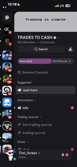 A dark-mode screenshot of the Discord app displays a server named 'TRADES TO CASH' with 402 members, showing various channels like 'info', 'live-trading-journal', and 'trading-journal', with the slogan 'Trading is simple' at the top.