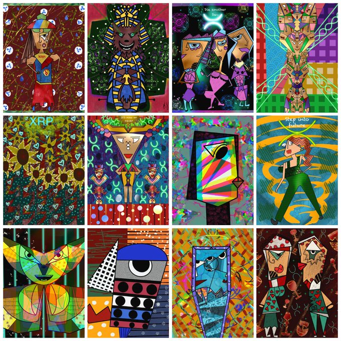 A 3x4 grid collage of colorful, abstract, and geometric art pieces, with one panel containing the text "XRP".