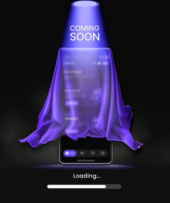 A 'Coming Soon' promotional graphic featuring a smartphone partially covered by a purple cloth, illuminated by a spotlight, with a 'Loading...' progress bar at the bottom.