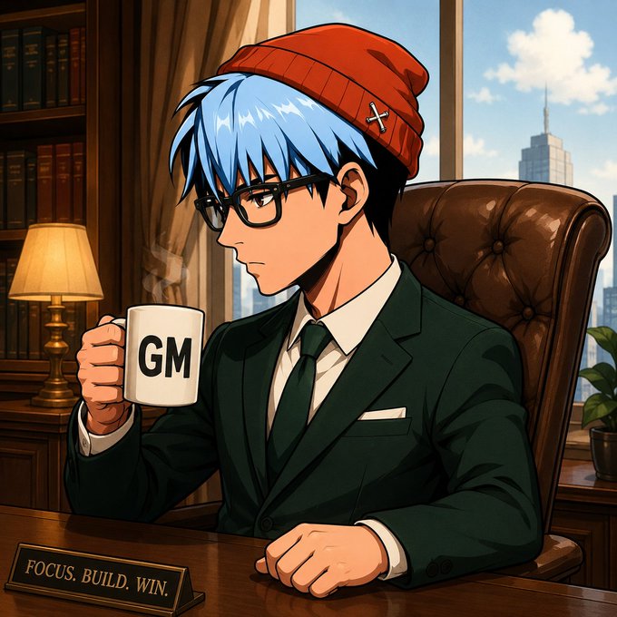 An anime-style illustration shows a blue-haired young man wearing a red beanie and glasses, sitting at a wooden desk holding a mug labeled 'GM', with a nameplate reading 'FOCUS. BUILD. WIN.' and a cityscape visible through the window.