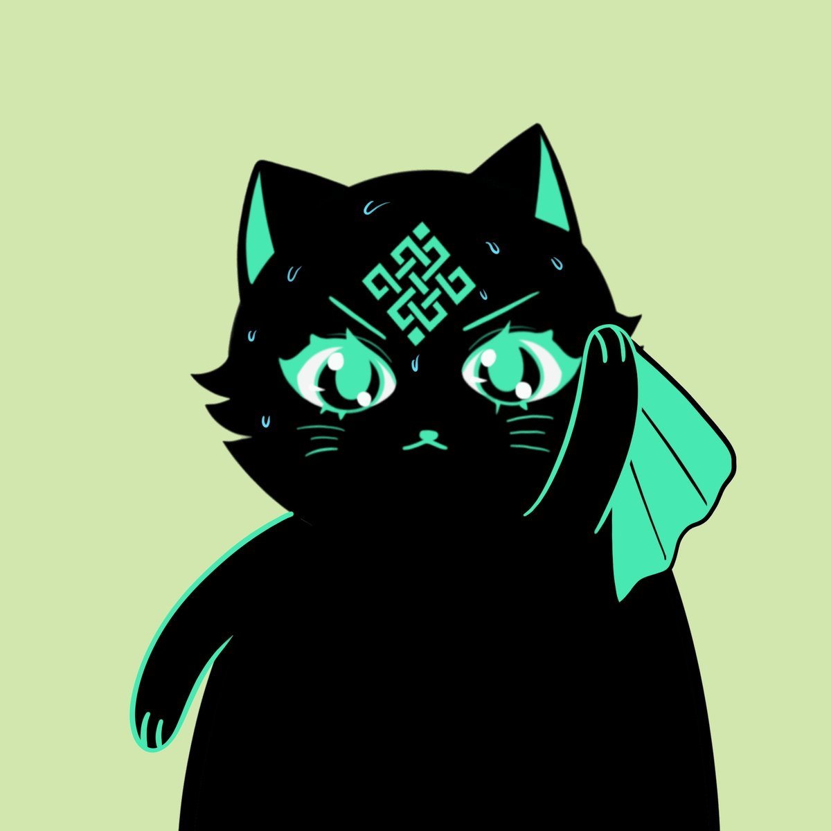 The image features a black cat with green eyes and a face design that includes a triangle shape above its eye. The cat appears to be in distress or discomfort, as indicated by the fact that it has a bandage on one of its ears. The cat is holding a tissue up to its ear while looking at the camera.