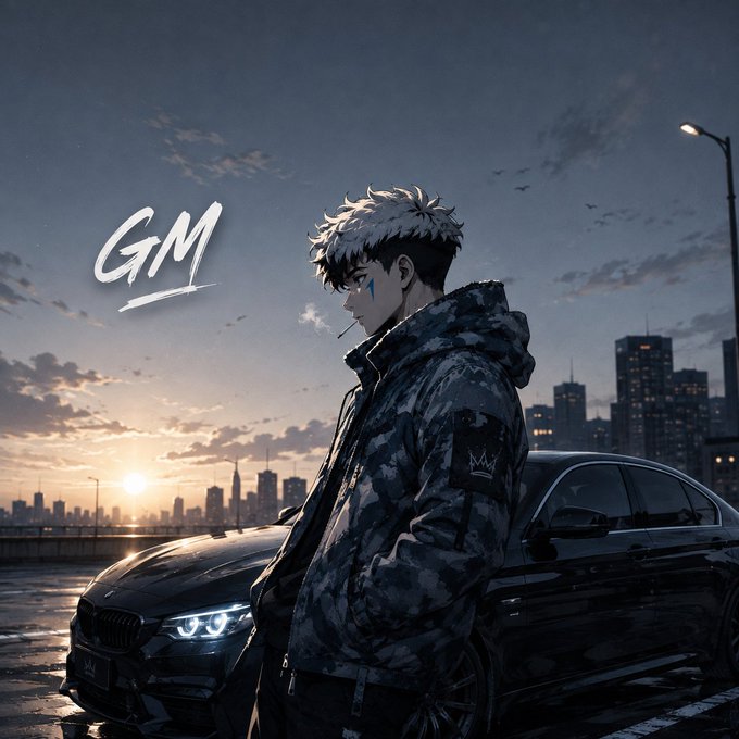 An anime-style illustration of a silver-haired young man wearing a camouflage jacket with a crown logo, standing next to a black car at sunset with the letters 'GM' nearby.