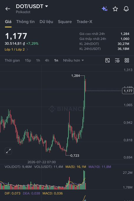 A cryptocurrency trading chart on Binance showing the DOT/USDT pair for Polkadot at a price of 1.177, with a daily gain of +7.29% and candlestick price movements.