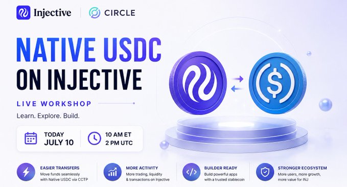 The image is a promotional graphic for a "Native USDC on Injective" live workshop hosted by Injective and Circle, scheduled for July 10 at 10 AM ET / 2 PM UTC. It features the Injective and Circle logos alongside illustrations of their respective tokens connected by arrows, highlighting benefits like easier transfers via CCTP, more activity, builder-ready tools, and a stronger ecosystem.