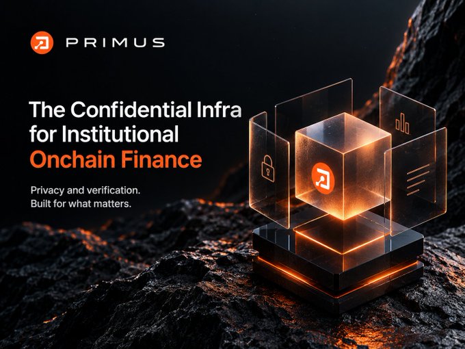 A promotional banner for 'PRIMUS' featuring the tagline 'The Confidential Infra for Institutional Onchain Finance' and 'Privacy and verification. Built for what matters,' alongside a 3D rendered illustration of an orange glowing cube with the Primus logo on a dark rocky surface.