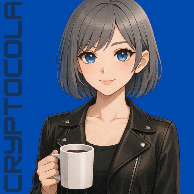 Anime-style illustration of a young woman with short grey-blue hair and bright blue eyes, wearing a black leather jacket and holding a white mug of coffee against a solid blue background with the word 'CRYPTOCOLE' displayed vertically.