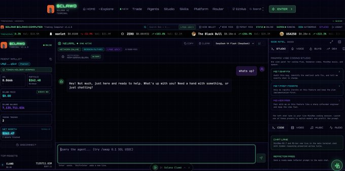 SCLAWD Terminal trading interface showing market data for NEURO/USDC pair on Solana, with a chat agent greeting 'Hey! Not much, just here and ready to help', and a prompt to 'burry the agent... (try /swap 0.1 SOL USDC)'.
