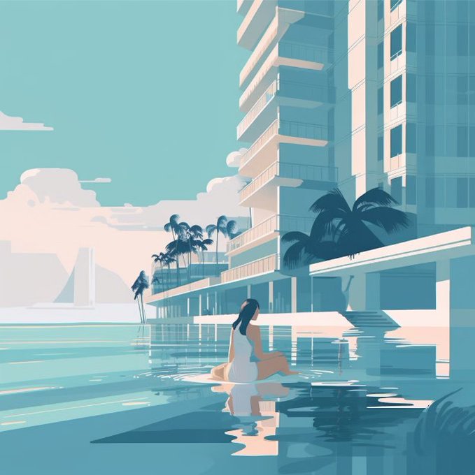 A digital illustration depicting a serene scene of a woman in a white dress sitting at the edge of a turquoise pool, looking out toward a large, modern white hotel building with balconies and palm trees.