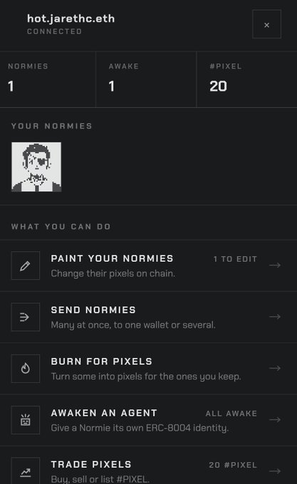 A mobile app interface for "hot.jarethc.eth" showing stats (1 Normies, 1 Awake, 20 #PIXEL) and menu options including "PAINT YOUR NORMIES," "SEND NORMIES," "BURN FOR PIXELS," and "AWAKEN AN AGENT."
