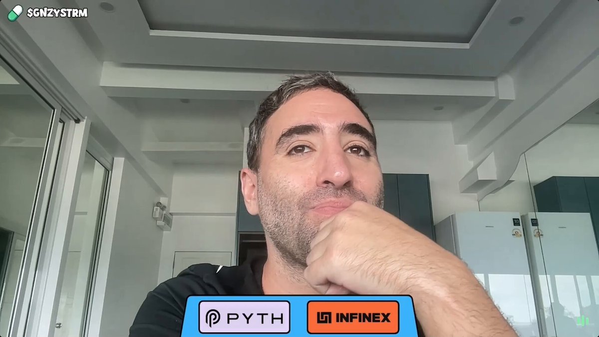 The image shows a man sitting at a desk with his hand on his chin, looking thoughtful or deep in thought. The background features a white ceiling and a window, giving an impression that he might be indoors. There are two logos displayed in the image - one for "PYTH" and another for "infinity". These logos could possibly represent different companies or services related to the man's thoughts or interests.