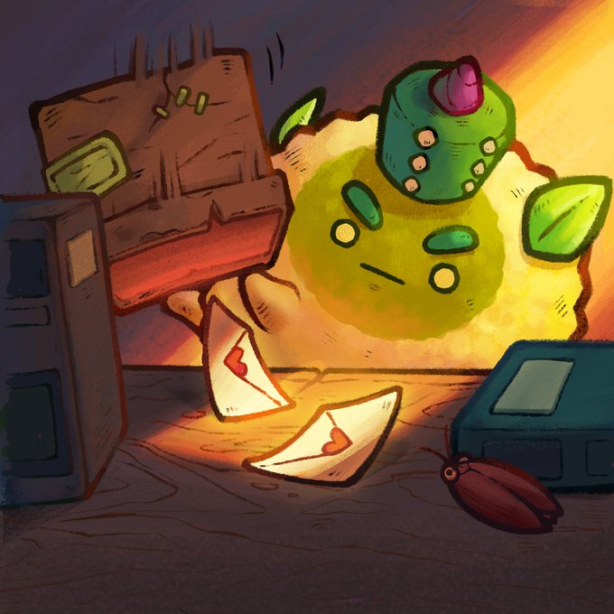A small cactus with a pink flower sits on a desk beside scattered love letters and a cockroach, seemingly checking messages on a computer. The scene humorously captures the intern's anticipation of receiving love letters or playtest access in their DMs.