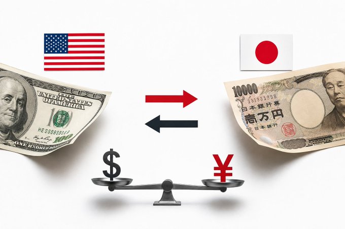 The image illustrates the USD/JPY currency exchange, showing a $100 bill next to the U.S. flag and a ¥10,000 yen bill next to the Japanese flag, with bidirectional arrows and a balance scale featuring dollar and yen symbols below.

The caption complements the post's theme by visually representing the ongoing U.S. dollar/yen intervention mentioned in the article, highlighting the currency pair at the center of the financial and crypto market concerns being discussed.