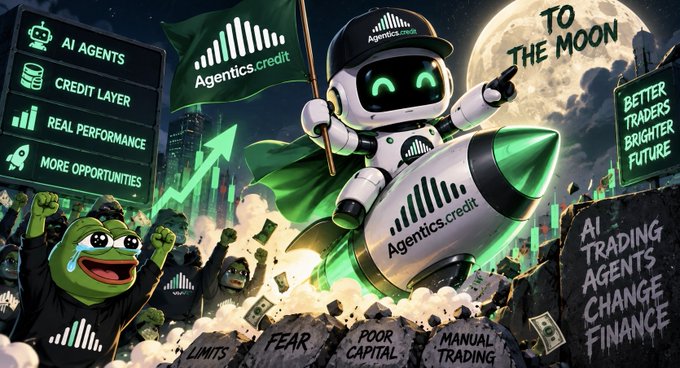 A promotional graphic for Agentics.credit shows a robot riding a rocket toward the moon, with text including 'AI AGENTS', 'CREDIT LAYER', 'TO THE MOON', and 'AI TRADING AGENTS CHANGE FINANCE'.