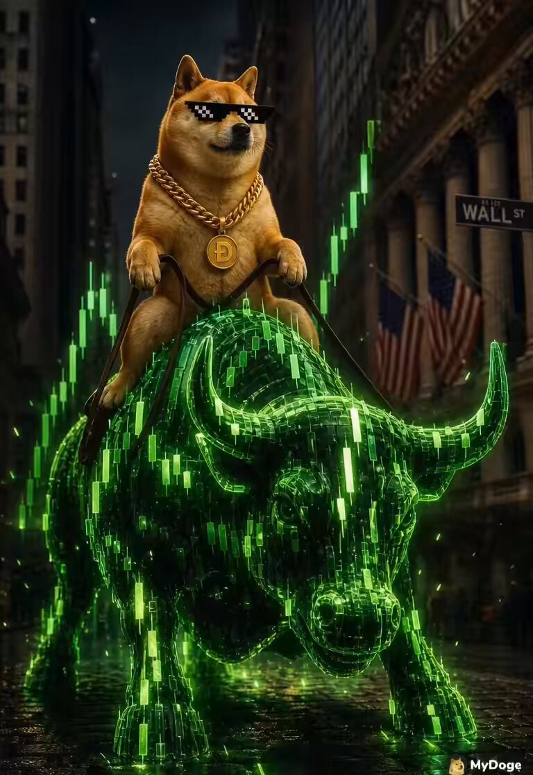 The image features a cartoon dog wearing sunglasses, riding atop a green bull statue with a "Wall Street" sign behind it. The dog appears to be riding the bull while holding onto its horns. The background of the image includes buildings and flags, suggesting that this scene takes place in an urban setting or a cityscape.

The caption for the image reads: "MyDOGE". This phrase is likely meant to be humorous or playful, as it references the dog's sunglasses and the bull statue.