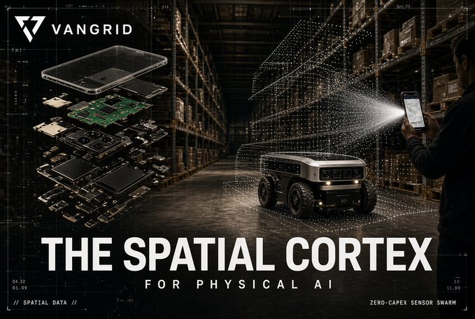 A tech advertisement for 'VANGRID' featuring 'THE SPATIAL CORTEX FOR PHYSICAL AI', showing a disassembled smartphone, a warehouse interior, a rugged robot, and a person scanning with a phone, labeled 'ZERO-CAPEX SENSOR SWARM'.