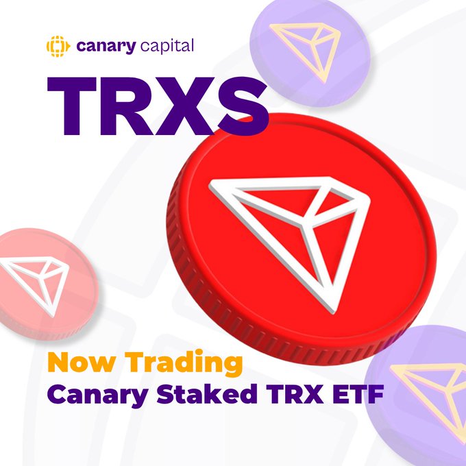 An advertisement graphic for the Canary Capital 'Canary Staked TRX ETF', featuring large red and purple TRX cryptocurrency coins and the label 'Now Trading'.