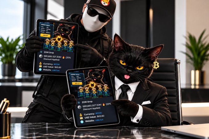 An AI-generated image showing two anthropomorphic black cats in formal attire; one wears a vest and tie while holding a tablet displaying cryptocurrency prices including 'ZOKI', 'ZION', and 'INTERVAL BANGO' with '20% Discount Applied'.