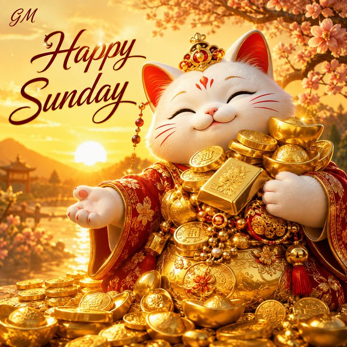A 'Happy Sunday' illustration showing a lucky cat (maneki-neko) in a red and gold robe surrounded by gold ingots and coins against a sunset background.