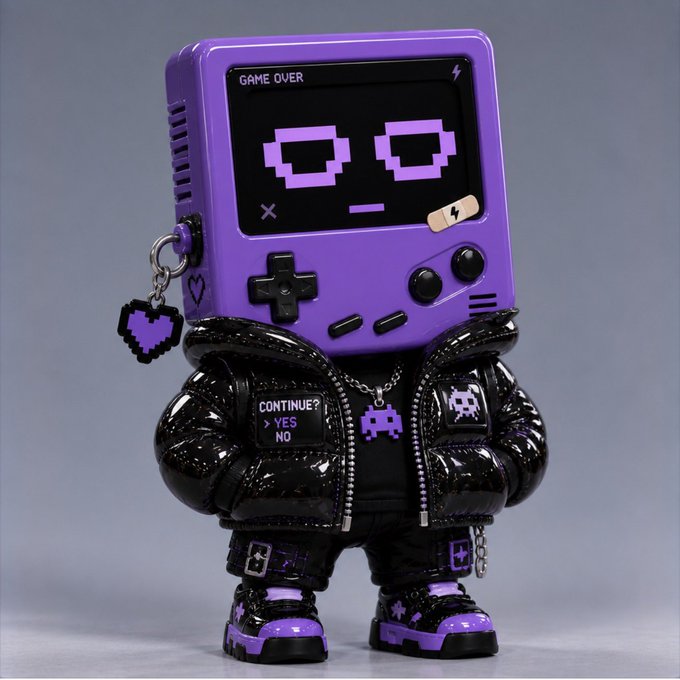 A 3D-rendered toy figure of a purple handheld gaming console with a pixelated face, wearing a black puffer jacket with patches and pixel-art jewelry.